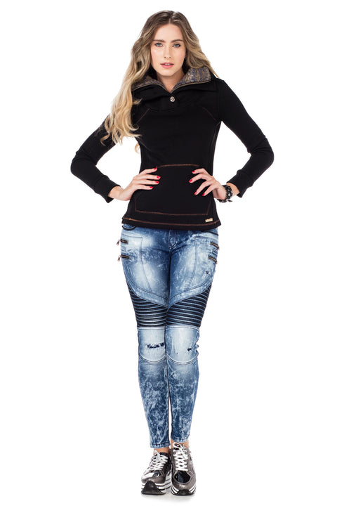 Women's Double Layer Collared Basic Sweatshirt with Pockets