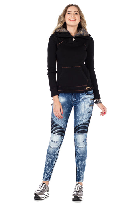 Women's Double Layer Collared Basic Sweatshirt with Pockets