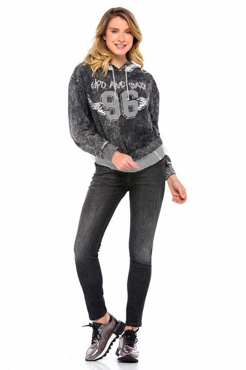 WL207 Women's Stoned Hooded Tulle Detailed Sweatshirt