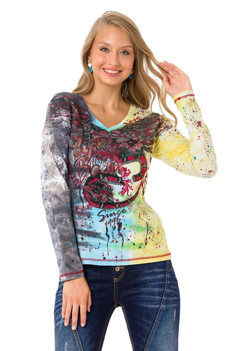 WL339 Stoned V-Neck Patterned Thin Sweatshirt