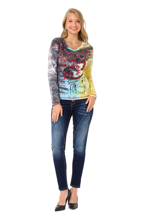 WL339 Stoned V-Neck Patterned Thin Sweatshirt