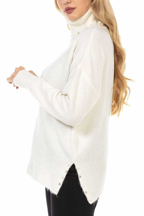 WP217 Women's turtleneck sweater with fashionable pearl applications