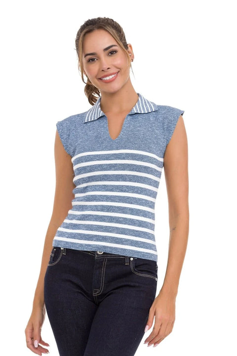 WT353 Polo Neck Striped Knitwear T-Shirt
