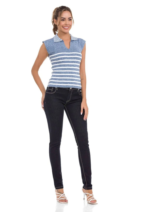 WT353 Polo Neck Striped Knitwear T-Shirt