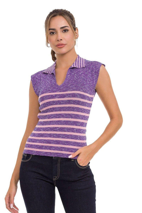 WT353 Polo Neck Striped Knitwear T-Shirt