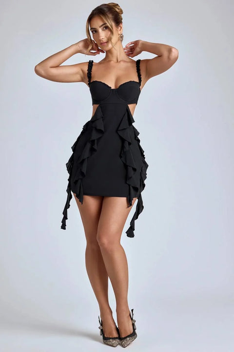 WY168 Summer Mini Dress with Ruffles and deep Neckline
