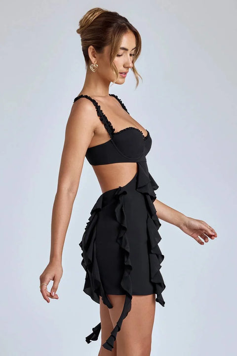 WY168 Summer Mini Dress with Ruffles and deep Neckline