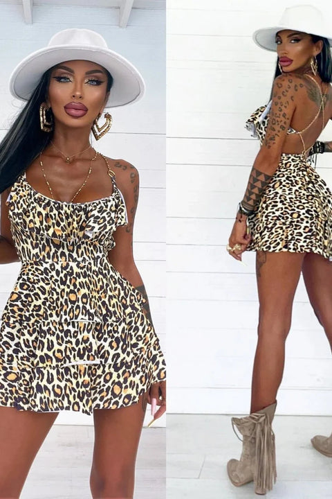 WY172 short flounce dress in leopard print with chain straps