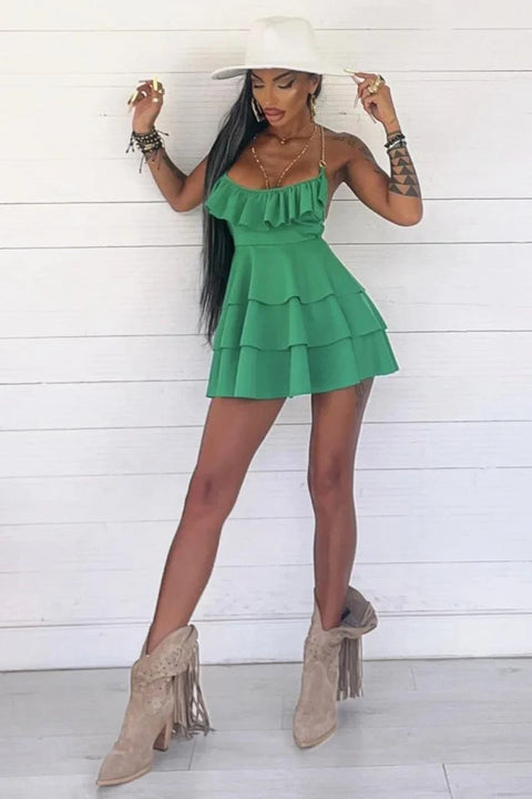 WY172 short flounce dress in leopard print with chain straps