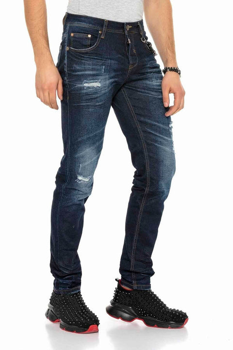 CD392 Chain Ripped Narrow Leg Navy Blue Men's Jeans