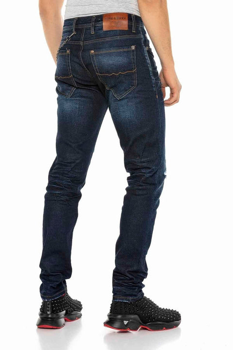 CD392 Chain Ripped Narrow Leg Navy Blue Men's Jeans