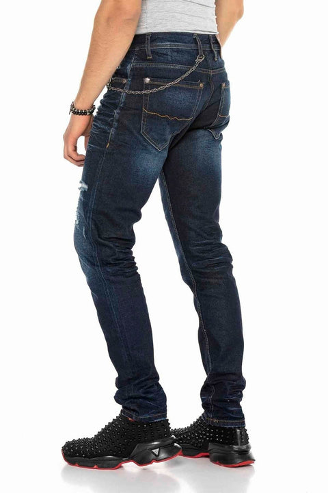 CD392 Chain Ripped Narrow Leg Navy Blue Men's Jeans